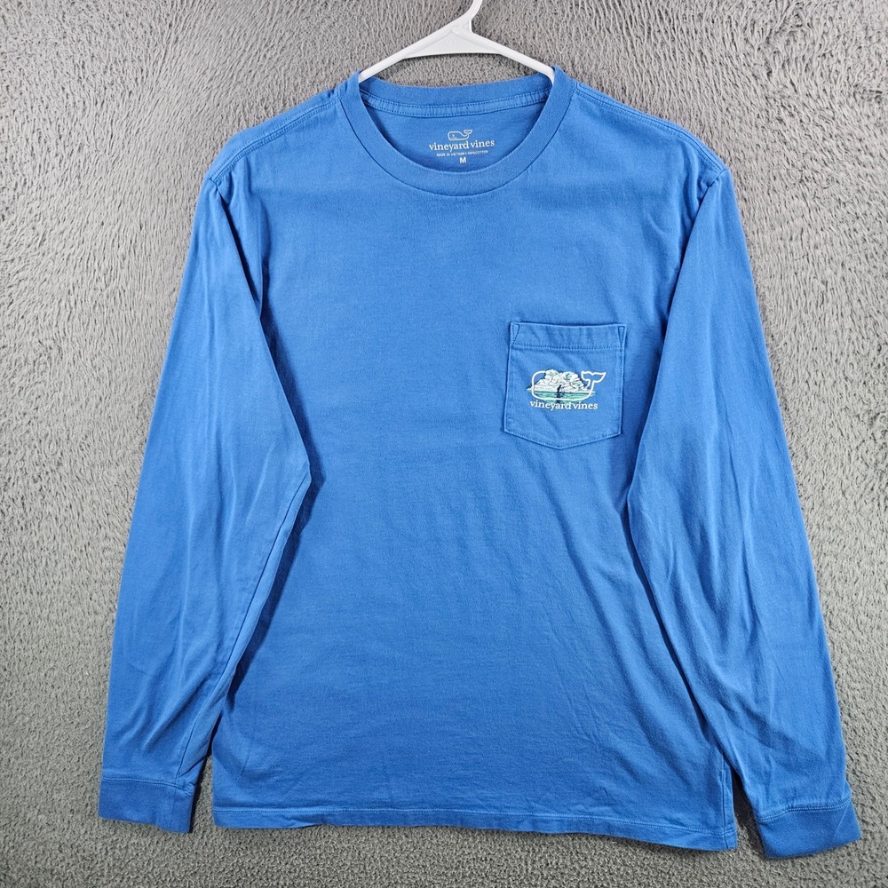 Vineyard Vines Mens Long Sleeve Pocket T-Shirt Blue‎ Fishing Whale Graphic M